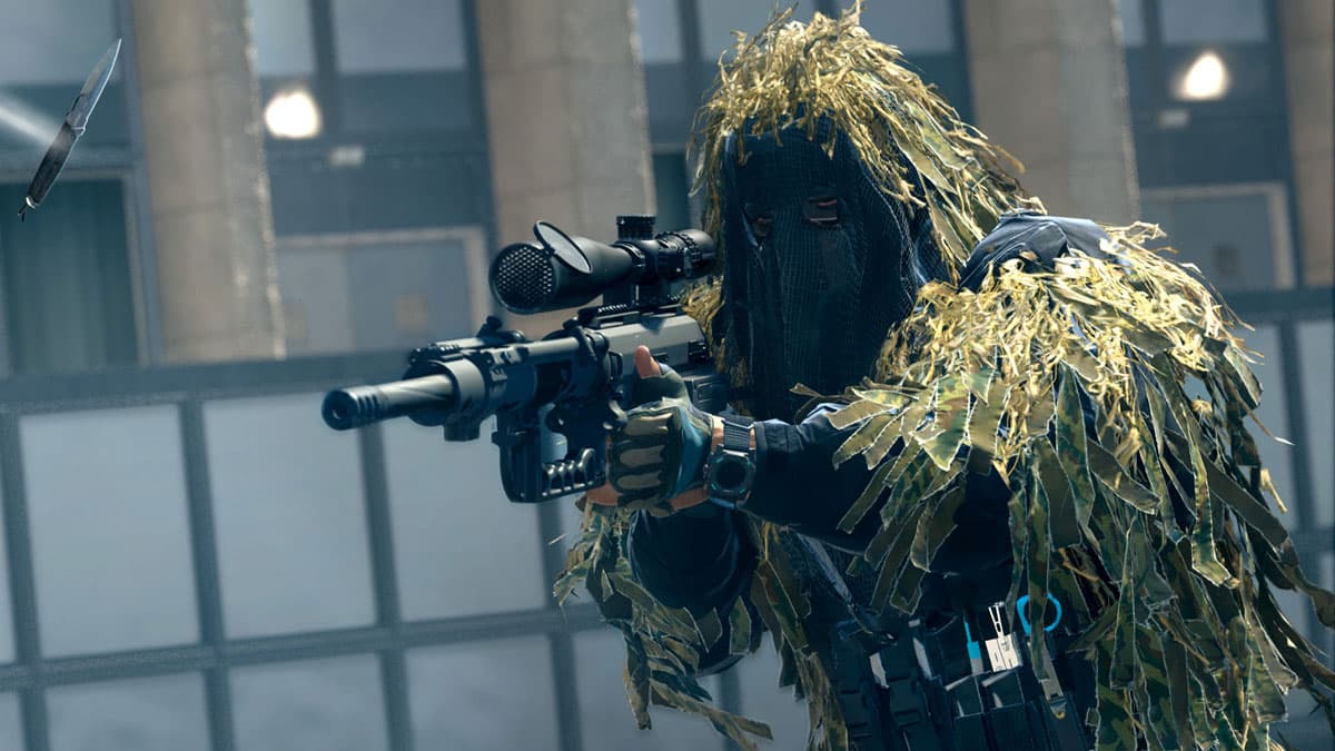 Warzone 2 character with Intervention sniper rifle and ghillie suit