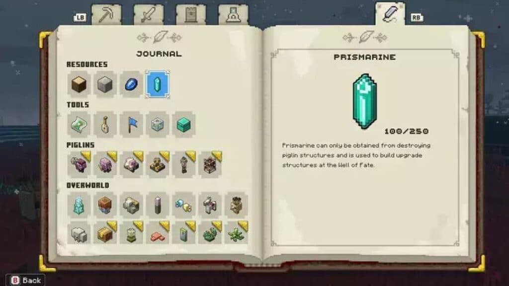 Prismarine in a Minecraft Legends journal