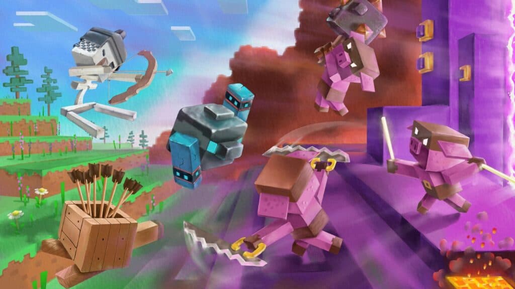 Mobs and piglins fighting in Minecraft Legends