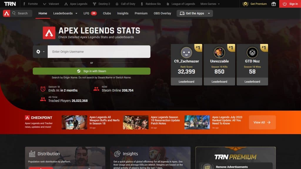 Screengrab of Apex Legends stat tracker page from Tracker Network.