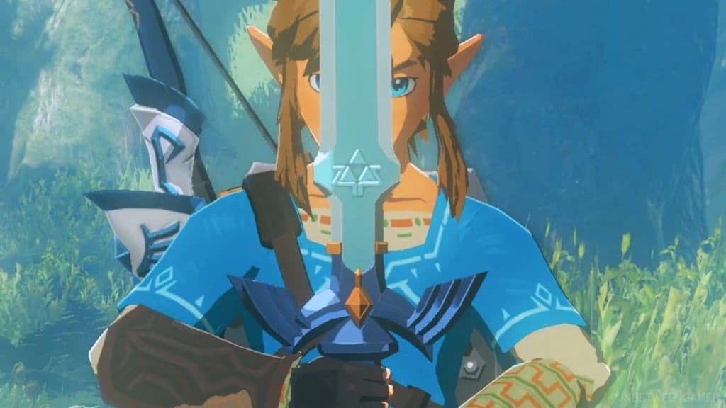 Link holding Master Sword in Tears of the Kingdom