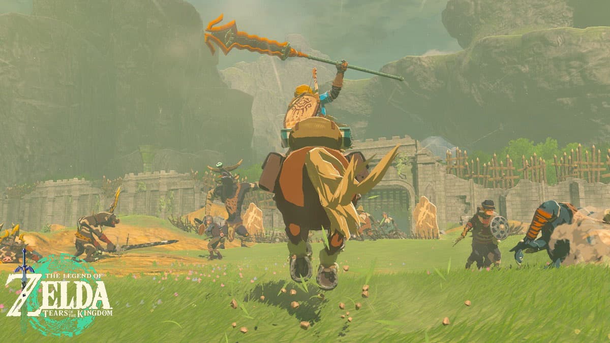 Link on a horse battling enemies in Zelda: Tears of the Kingdom