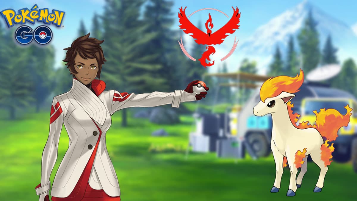 Team Leader Candela and Ponyta in a Pokemon Go Research background