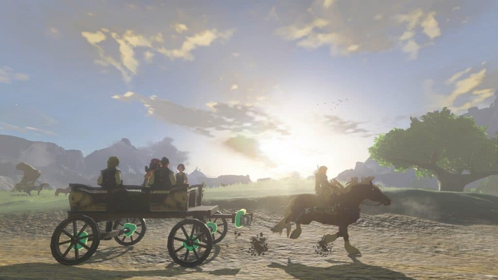 Link towing a carriage in The Legend of Zelda Tears of the Kingdom