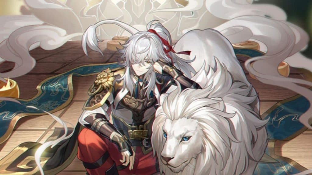 Jing Yuan sitting with a white lion