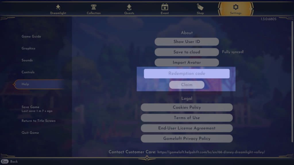 Disney Dreamlight Valley Settings menu in-game
