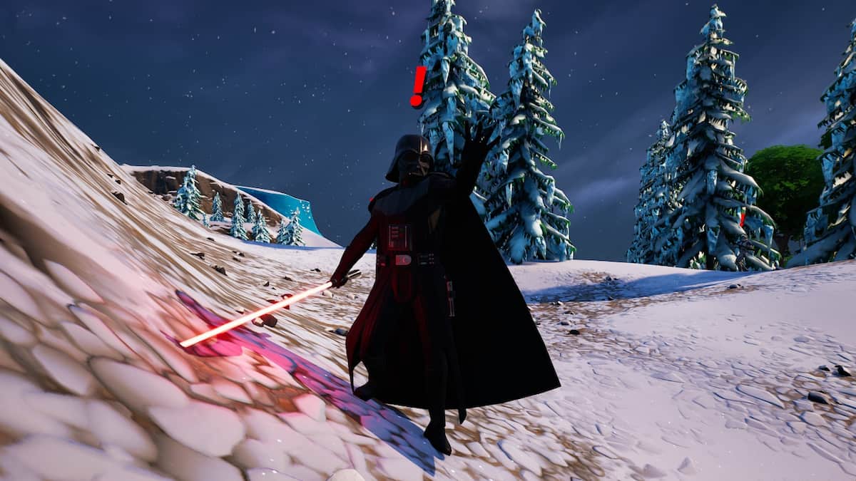 Darth Vader with his red lightsaber in Fortnite.