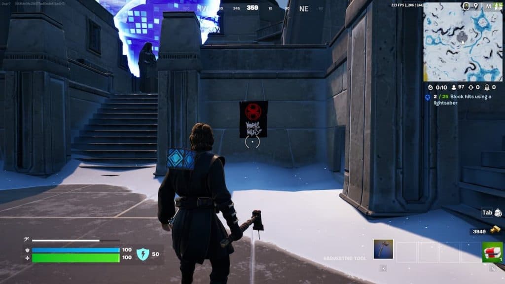 Anakin skywalker with red lightsaber in solitary shrine landmark in fortnite with miles morales poster