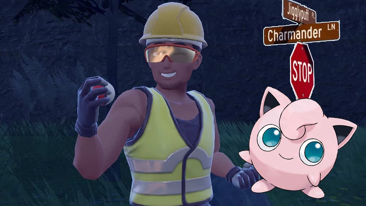 Jigglypuff and a construction worker with a Pokemon street sign