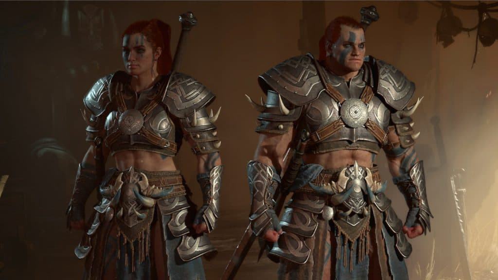 Male and female character models for Barbarian class in Diablo 4