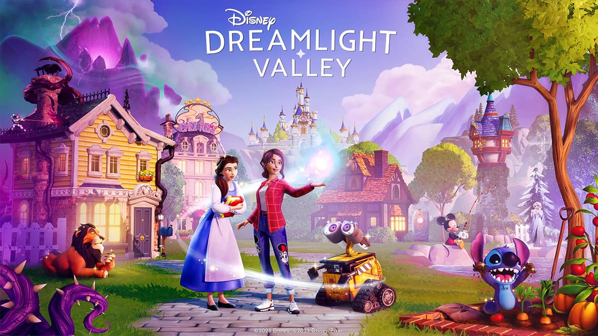 Disney Dreamlight Valley key art, showing the logo, a view of Dreamlight Valley with trees and buildings, and various Disney characters, including Belle, WALL-E, Stitch, and Mickey