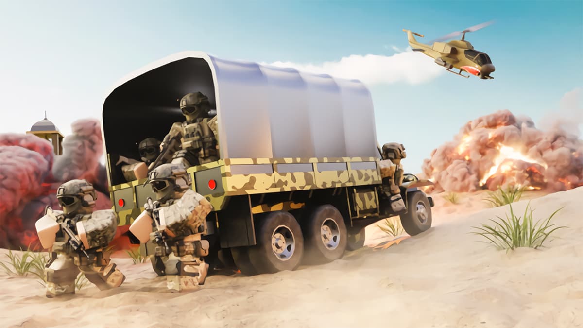 Soldiers getting out of a military truck in Roblox Base Battles artwork.