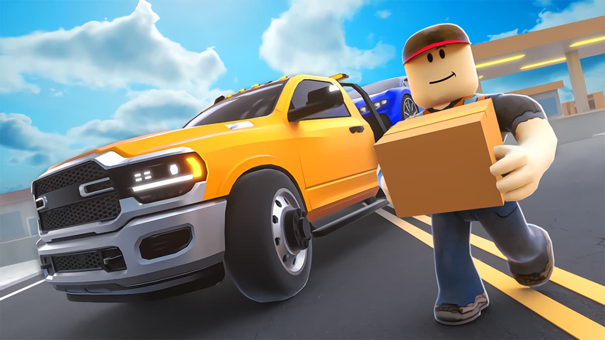 A character standing in front of a yellow pickup truck in Roblox Car Dealership Tycoon.