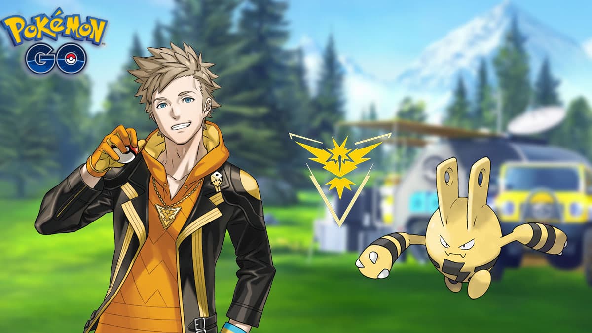 Team Leader Spark and Elekid in a Pokemon Go Research background