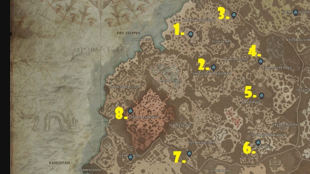 All waypoint locations in the Dry Steppes region of Diablo 4