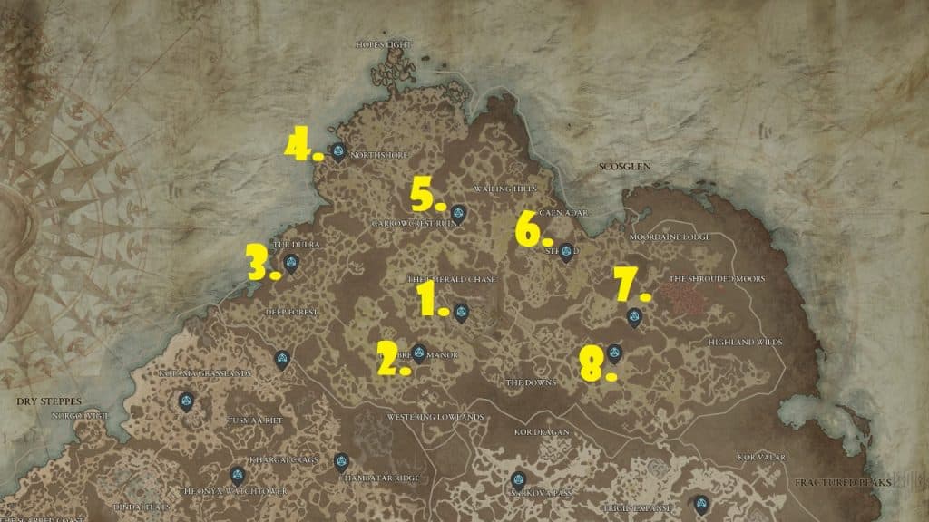 All waypoint locations in the Scosglen region of Diablo 4