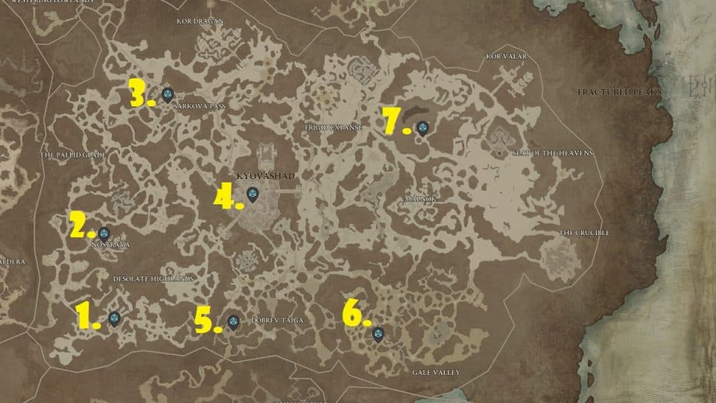 All waypoint locations in the Fractured Peaks region of Diablo 4