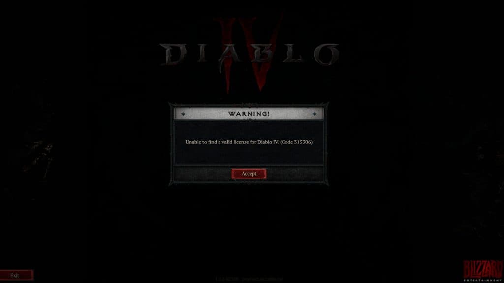 Code 315306 error appearing in Diablo 4