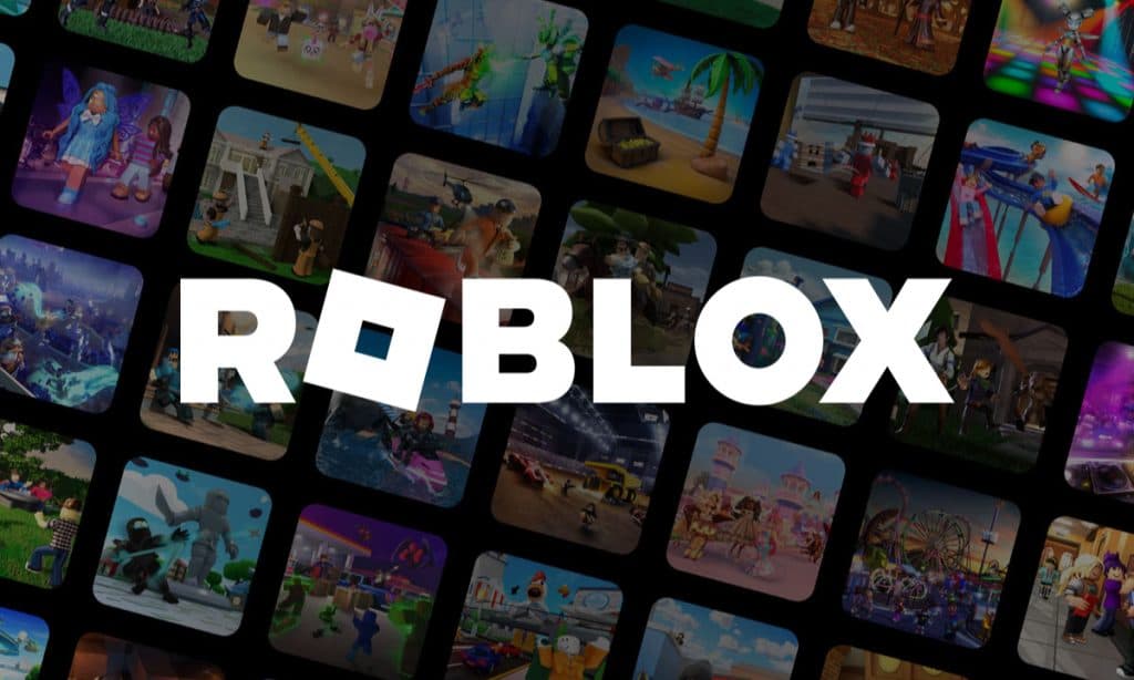 Roblox logo with various Roblox games in the background