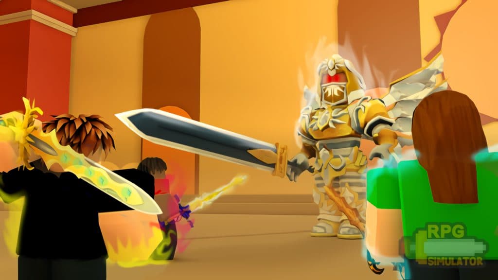 Characters fighting a boss in Roblox RPG Simulator