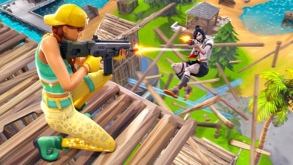 Two Fortnite players engaging in a 1v1 battle.