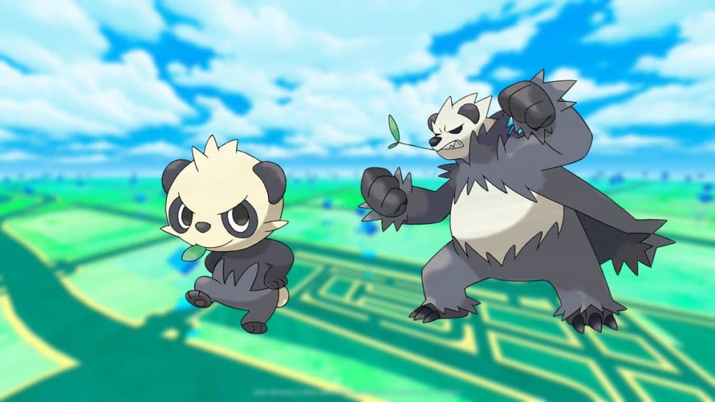 Pancham and Pangoro in a Pokemon Go background
