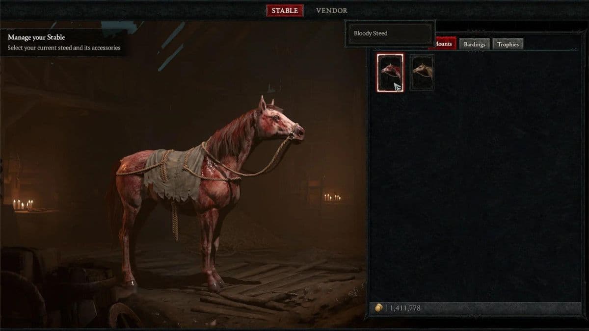 Horse customization menu in a stable in Diablo 4