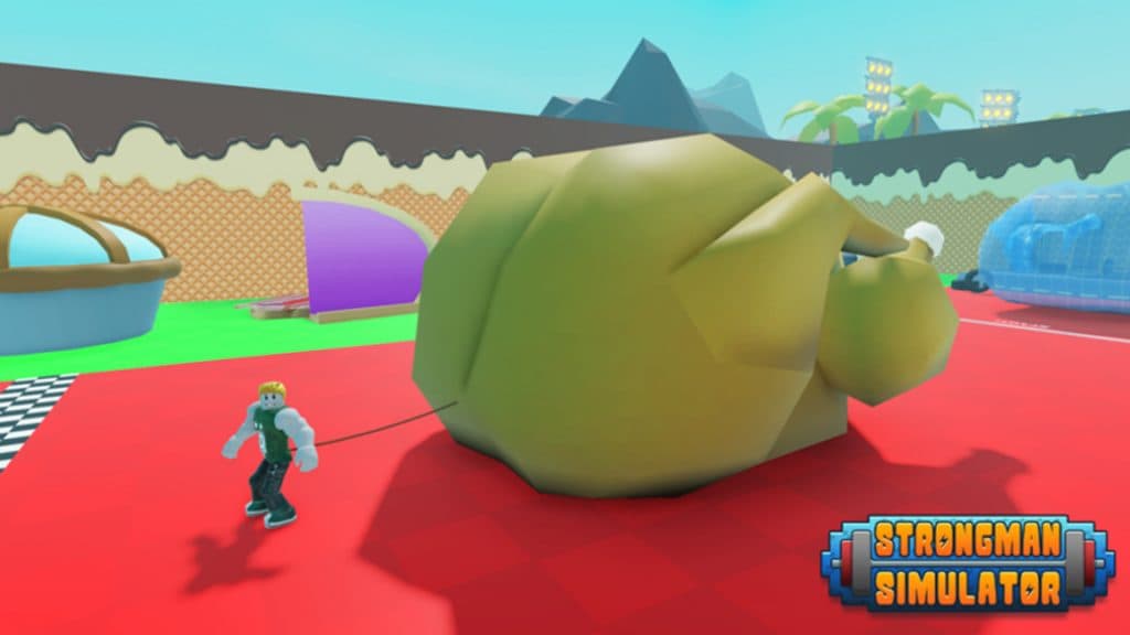 A player pulling a giant chicken in Roblox Strongman Simulator.