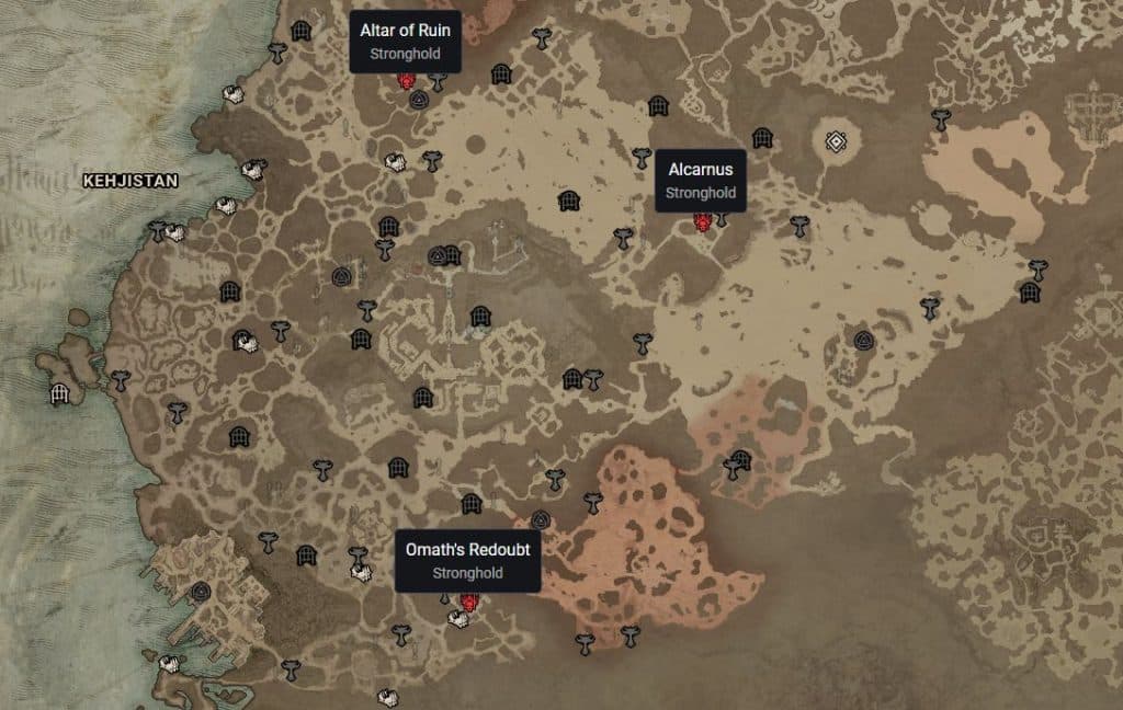 Diablo 4 Kehjistan Strongholds location. The Altar of Ruin to the north, Alcarnus to the east and Omath's Redoubt to the south.