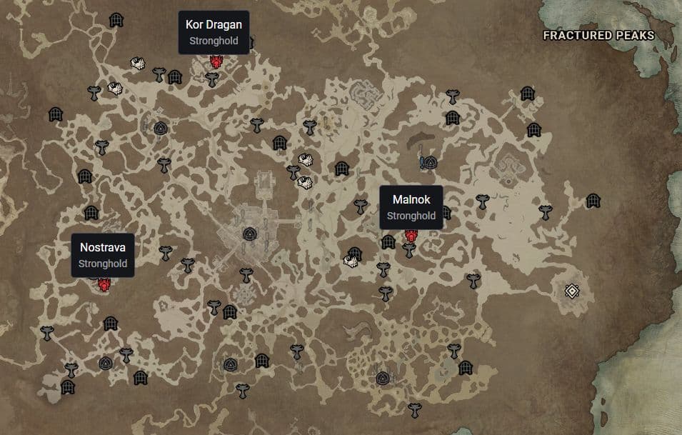 Diablo 4 Stronghold locations of Fractured Peaks. Kor Dragan to the north, Malnok to the west, and Nostrava to the west.