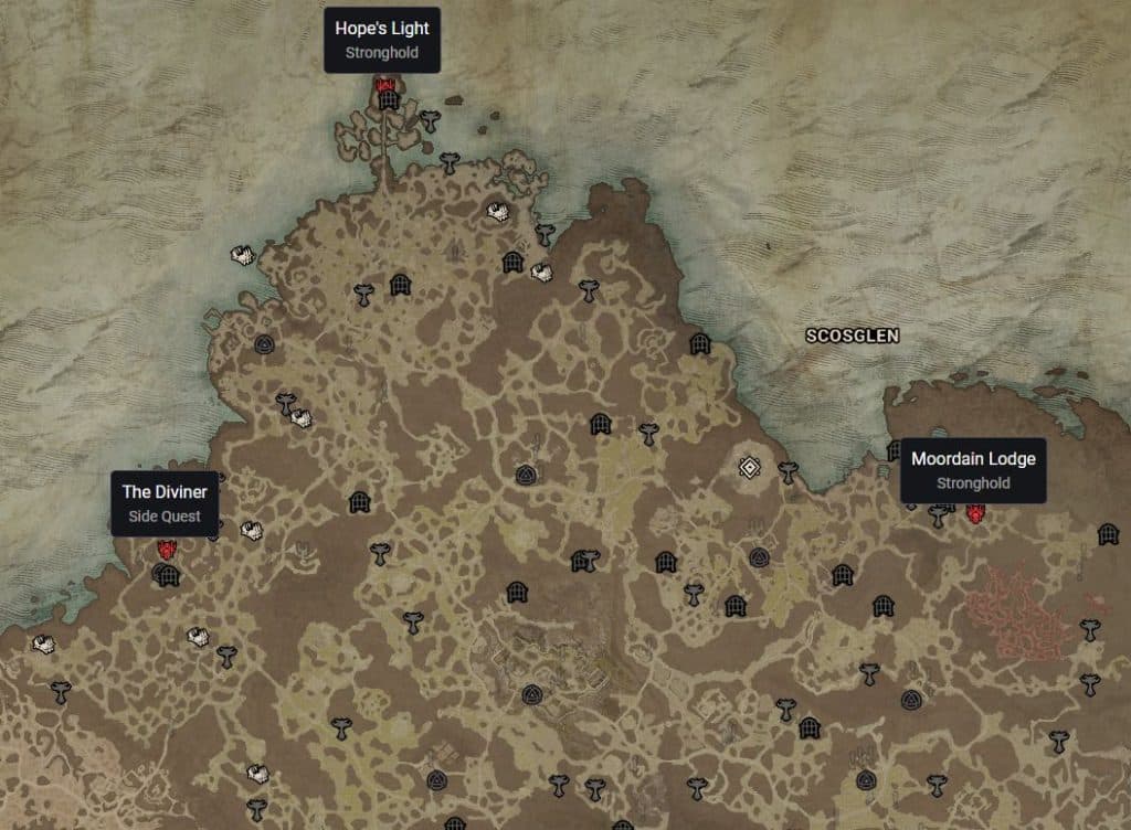 Diablo 4 Strongholds location of Scosglen. Hope's Light in the north, The Diviner in the west, Moordain Lodge in the east