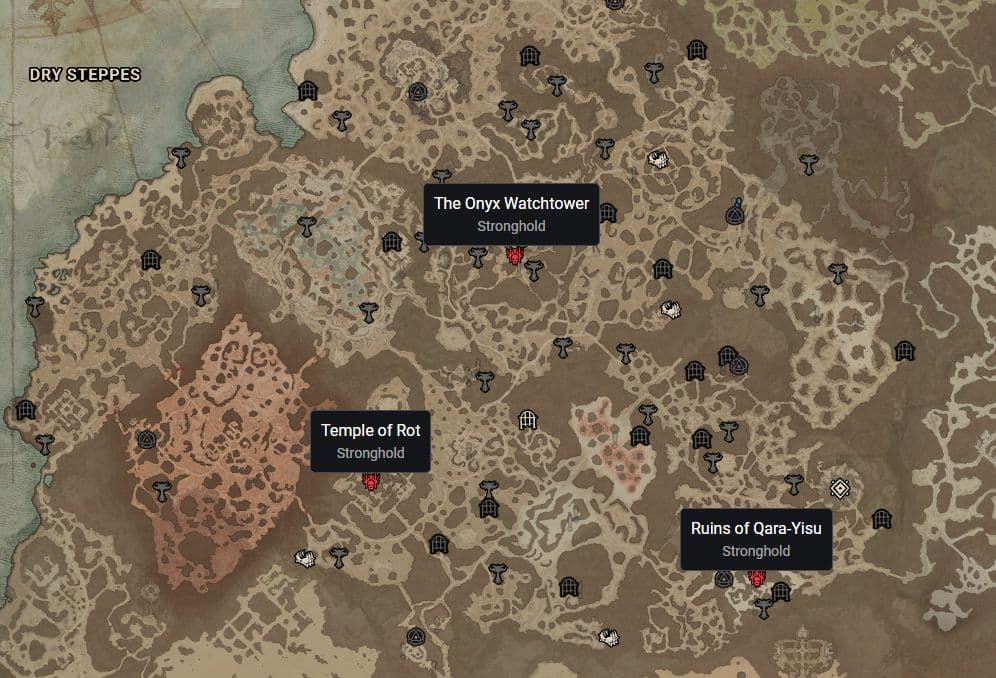 Locations of every Stronghold in the Dry Steppes region of Diablo 4.