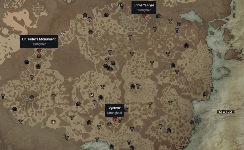 Diablo 4 Hawezar Strongholds locations. Crusader's Monument to the west, Eriman's Pure to the north, and Vyeresz to the south.