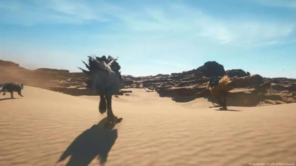 Chocobo riding through desert in Final Fantasy 16