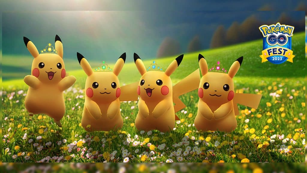 Four Pikachu wearing crowns in Pokemon Go