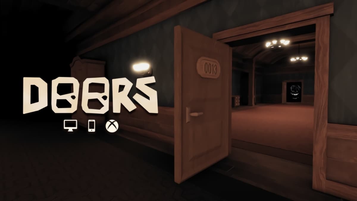 Roblox DOORS thumbnail with the game's logo to the right and an ajar door to the left.