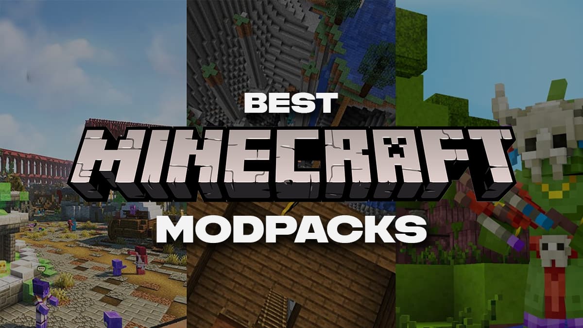 Best Minecraft Modpacks thumbnail with 3 different modpacks world collage in the background.