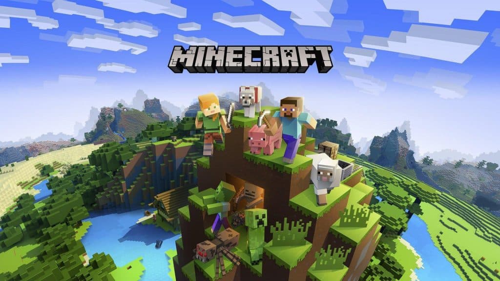 Minecraft official artwork featuring Steve, Alex and some animals and mobs on a hill.