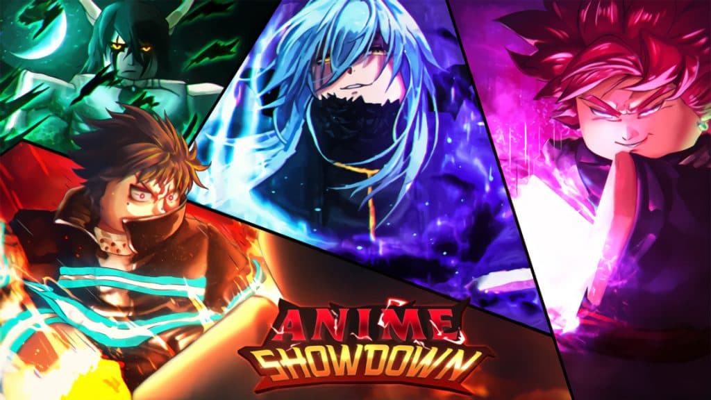 Roblox Anime Showdown thumbnail showcasing various anime characters and villains,