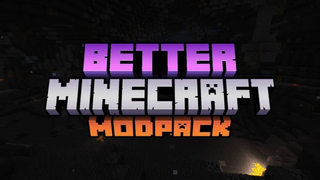 Better MC modpack logo on a Minecraft world screengrab.