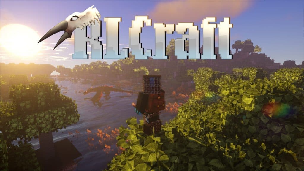 RLCrafr modpack logo on a screenshot of the modpack world in Minecraft.