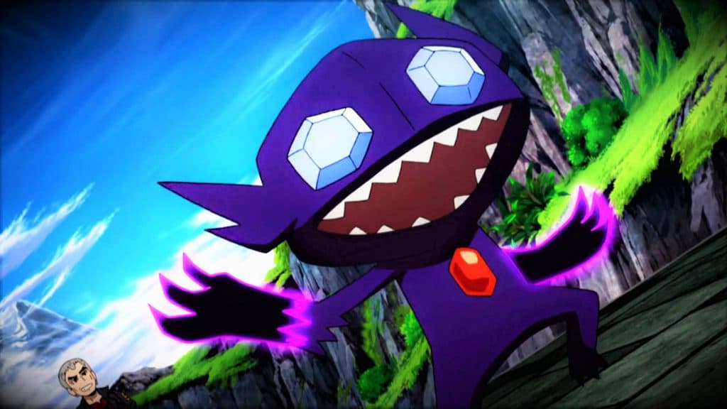 Sableye preparing to use the ghost type fast move shadow claw in a pokemon battle