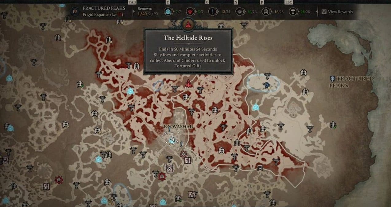Diablo 4 Map marking a Helltide event