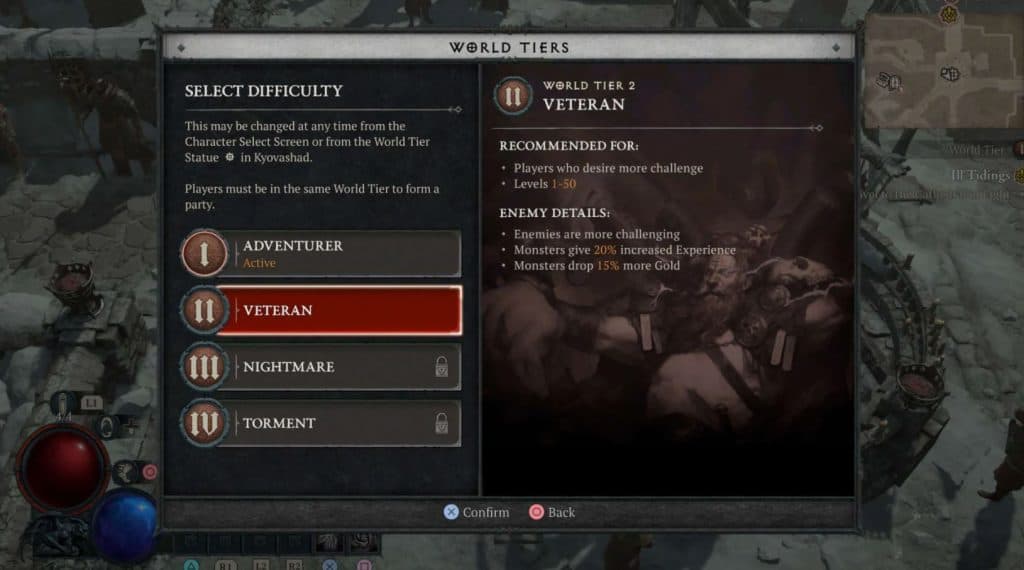 Diablo 4 World Tier menu