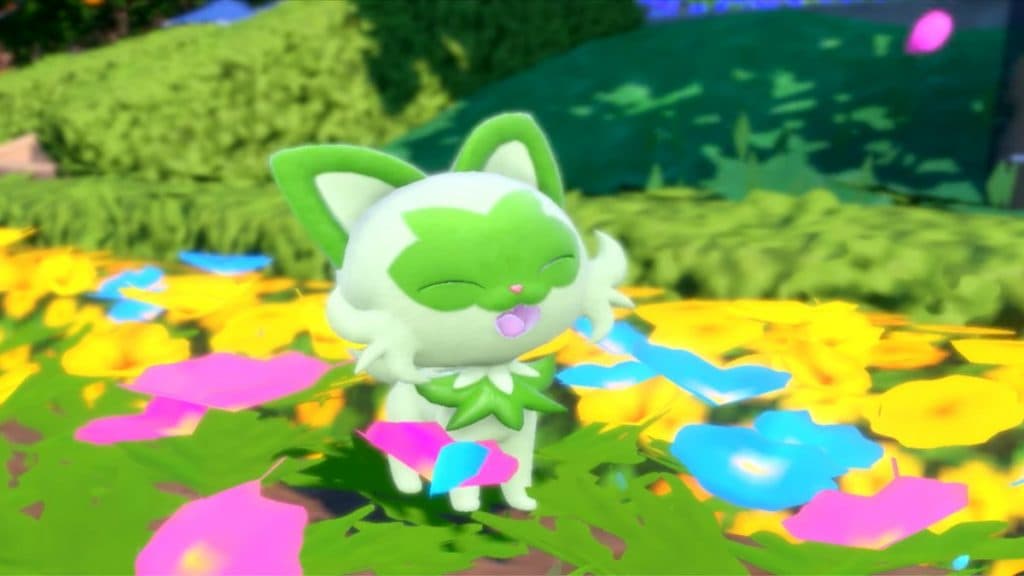 a snapshot of grass-type starter sprigatito from pokemon scarlet and violet