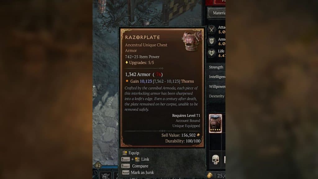 A Unique item granting Thorns in Diablo 4