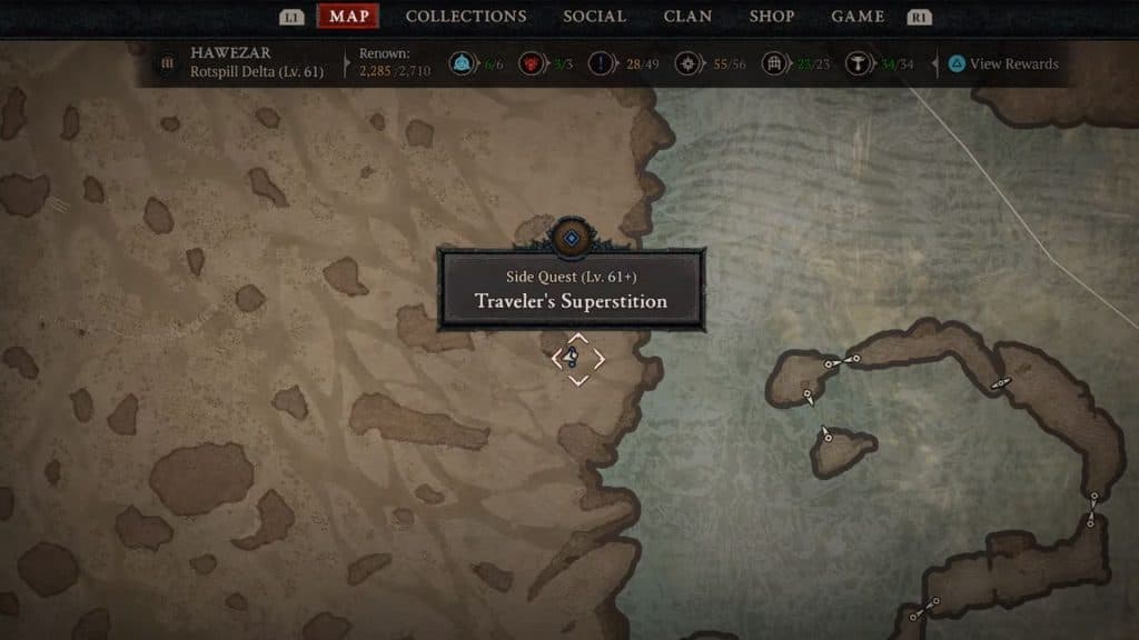 Traveler's Superstition quest location on Diablo 4 map