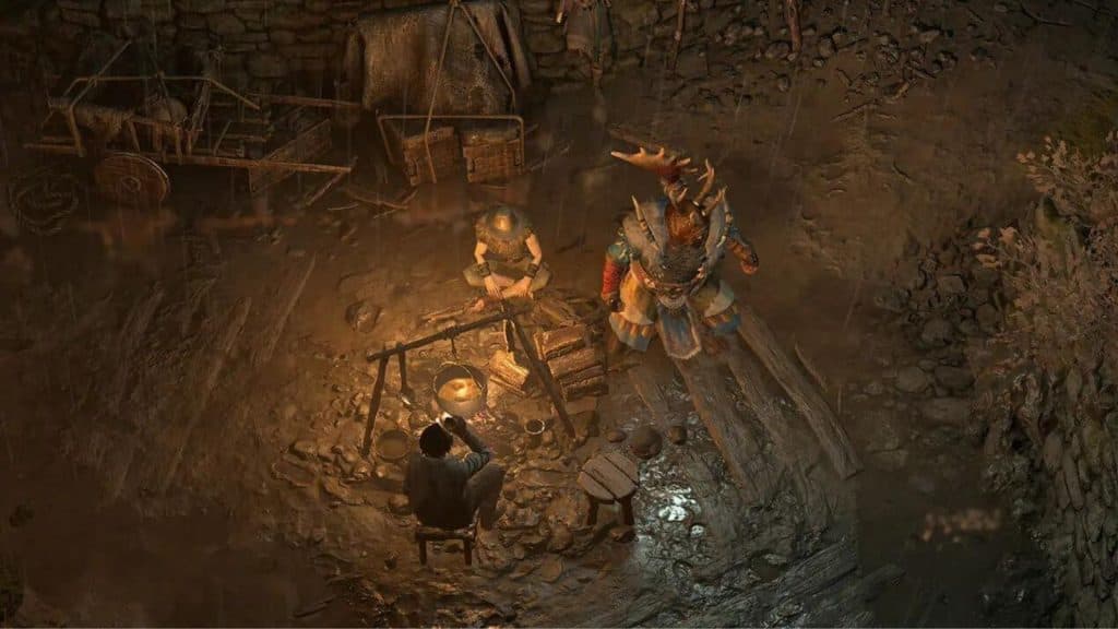 Barbarian near a campfire in Diablo 4