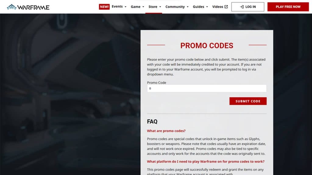 Screengrab of the Warfram promo codes redemption page.