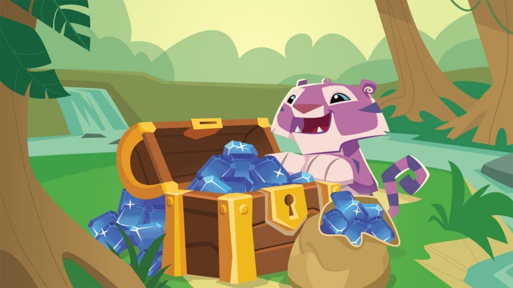Tiger in Animal Jam opening a treasure chest.